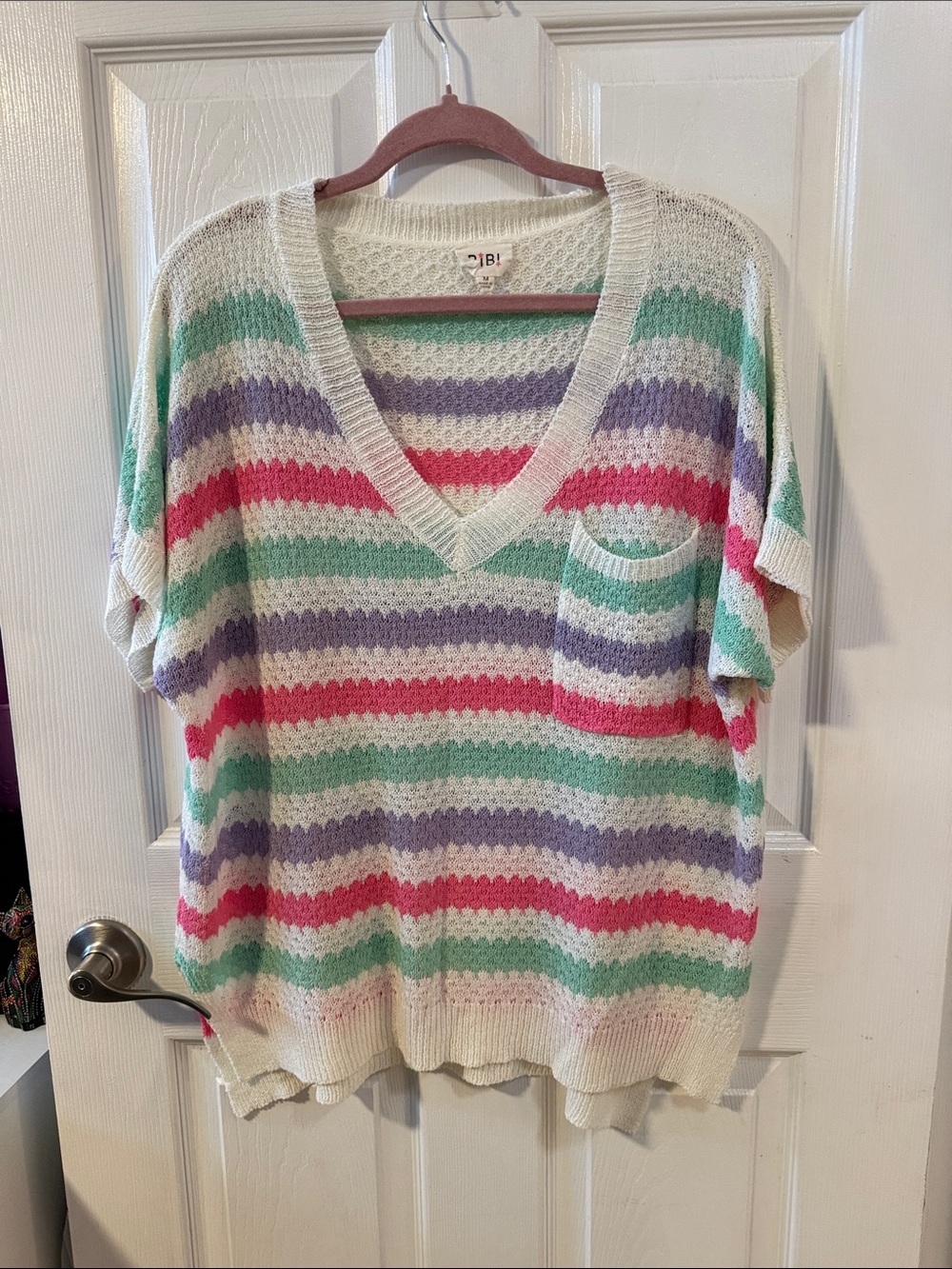 BiBi Cream V-Neck Short-Sleeve Sweater with Mint, Lavender & Coral Stripes